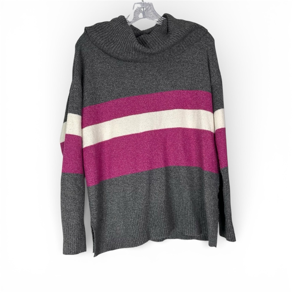 Rachel Zoe Sweater Womens XS Gray White Magenta Colorblock Stipe Cowl Neck Tunic